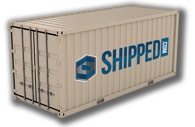 A new creme colored 20 foot shipping container with blue shipped.com logo on the side