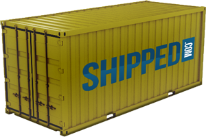 A 20 foot shipping container in gold color with the Shipped.com logo on the side