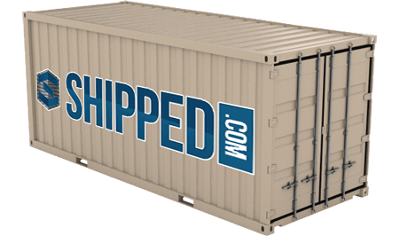 20 foot shipping container in creme color with shipped.com logo on the side in blue