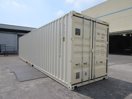 A 40 foot high-cube (9 1/2 feet tall) shipping container shown on angle in beige RAL-1015