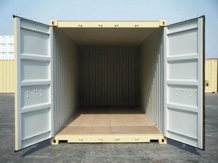 A 20 foot standard height (8 1/2 feet tall) shipping container shown on angle in RAL 1001 color